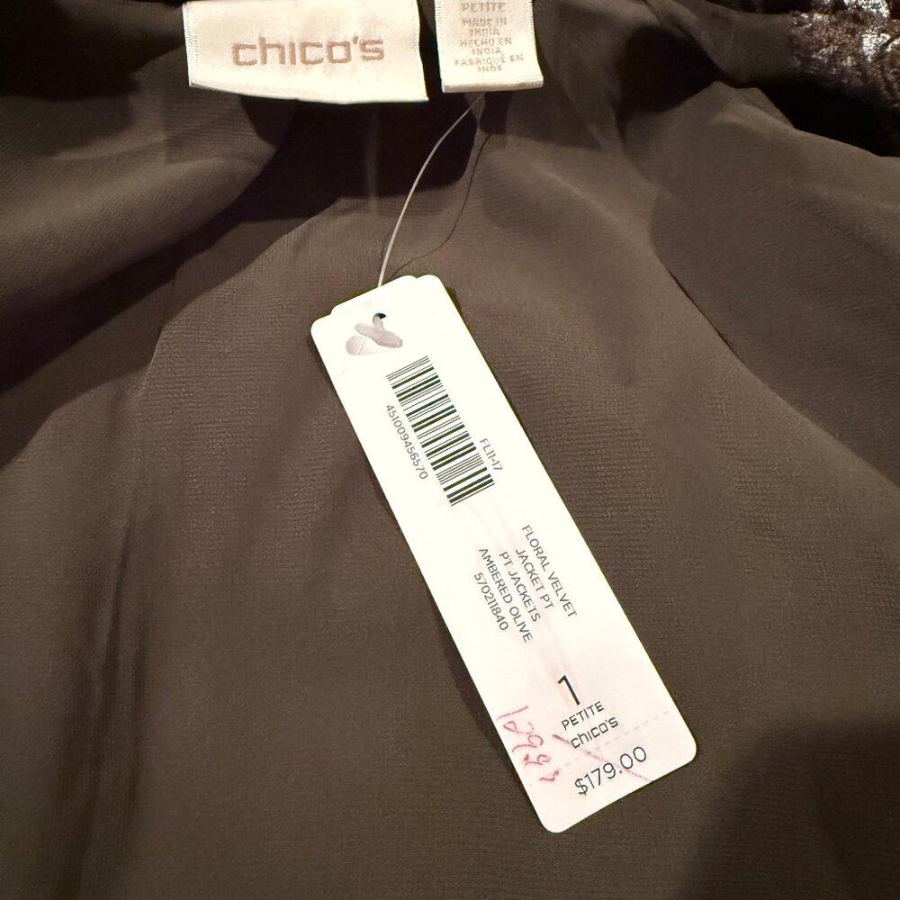 Chico's Burnout Floral Velvet/Metallic Embroidered Jacket - Size 1P - Picture 4 of 4